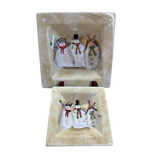 2 Snowmates Oneida Debbie Christmas Beige Square Serving Tray Snowman 5' & 7.5'